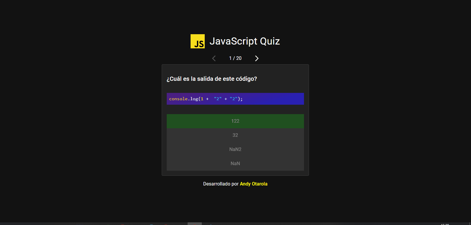 ¡Bienvenido al Quiz Game de Javascript! Este juego te permitirá poner a prueba tus conocimientos sobre el lenguaje de programación más popular del mundo.Para jugar, simplemente selecciona una respuesta para cada una de las preguntas que se te presentan. El juego te proporcionará retroalimentación inmediata sobre si tu respuesta es correcta o incorrecta. Además, este juego te permitirá guardar tu progreso, para que puedas regresar y continuar jugando en cualquier momento.