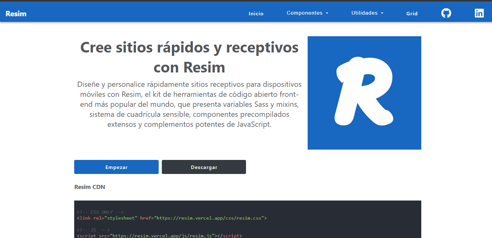 Diseña y personaliza rápidamente sitios web responsivos para dispositivos móviles con Resim, el kit de herramientas de código abierto front-end más popular del mundo. Resim presenta variables Sass y mixins, un sistema de cuadrícula sensible, componentes precompilados extensos y potentes complementos de JavaScript.